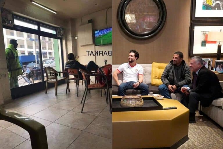 ماذا فعل العاهل الأردني مع عامل نظافة ظهر وهو يتابع مباراة منتخب بلاده من خلف زجاج أحد المقاهي! عامل نظافة يشاهد مبارة مع الملك عبد الله الثاني watanserb.com
