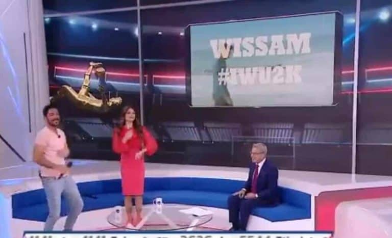 مصطفى الآغا يحوّل “صدى الملاعب” لمرقص .. شاهد وصلة خلاعة لملكة جمال لبنان مايا رعيدي! وسام هلال يغني ويرقص برفقة مايا رعيدي في صدى الملاعب مع مصطفى الآغا watanserb.com