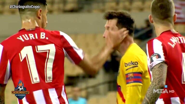 لقطة مثيرة .. نجم أتلتيك بيلباو يصفع ميسي على وجهه في نهائي كأس ملك إسبانيا ميسي ومدافع أتلتيك بلباو watanserb.com