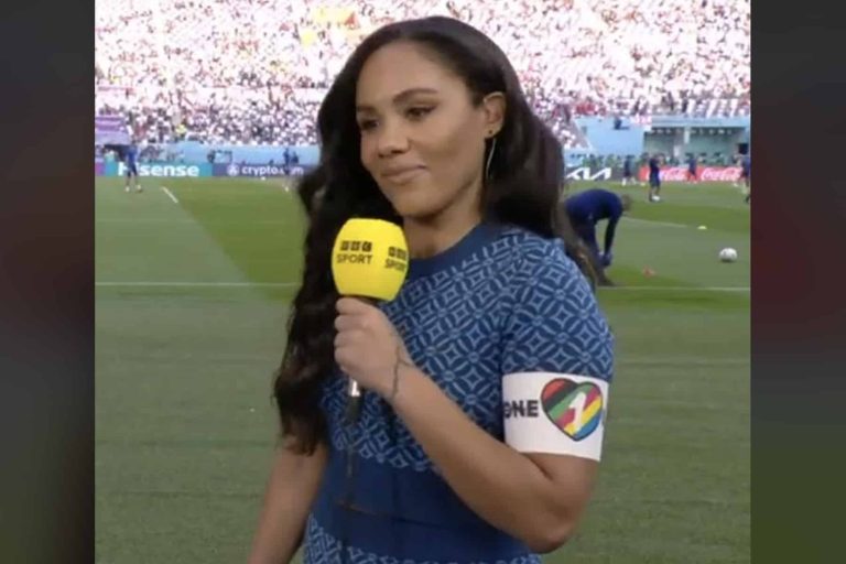 عجزت عن فعلها بمونديال روسيا.. مذيعة BBC تظهر بشعار المثليين في قطر أليكس سكوت watanserb.com