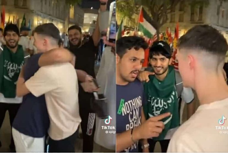 لحظة اعتناق مشجع أجنبي الإسلام في مونديال قطر واحتفاء مواطن سعودي به اعتناق أجنبي الإسلام watanserb.com
