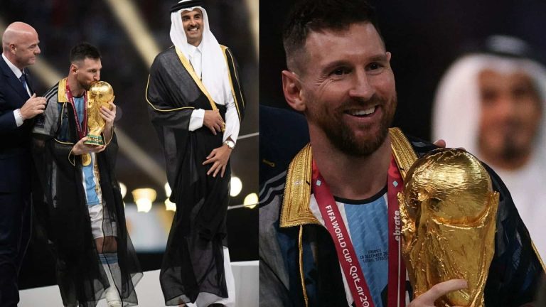 أمير قطر يلبس ميسي البشت القطري watanserb.com