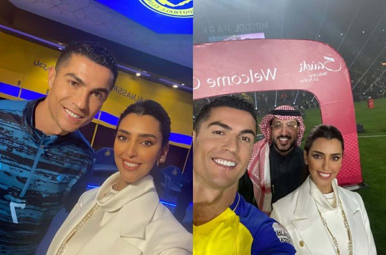 الصحفية السعودية فاطمة فهد خلال تقديمها حفل استقبال كريستيانو رونالدو للإنضمام إلى نادي النصر السعودي watanserb.com