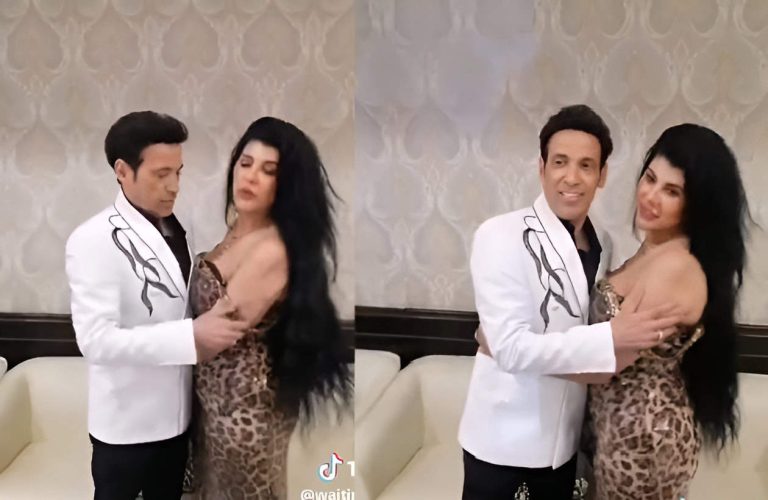 سعد الصغير يحاول تغطية صدر زوجته أمام الجميع بعدما سقط فستانها وكشف المستور! (فيديو)