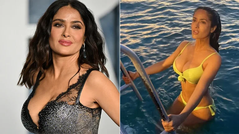 سلمى حايك تستعرض جسدها المُذهل على اليخت ببكيني أزرق.. وجلسة تان بدون شمس (شاهد)