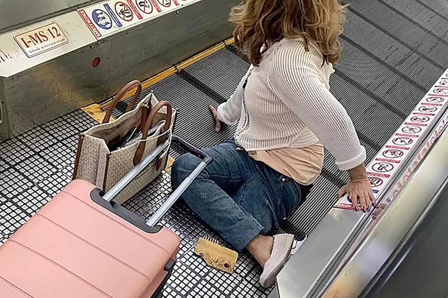 تعثرت المسافرة وسقطت بسبب حقيبتها الوردية