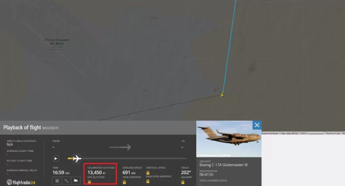 صورة متداولة من النشطاء حول مسار الطائرة الأمريكية التي قيل إنها تنقل عتادا عسكرا لإسرائيل ونزلت في أحد القواعد الأردنية