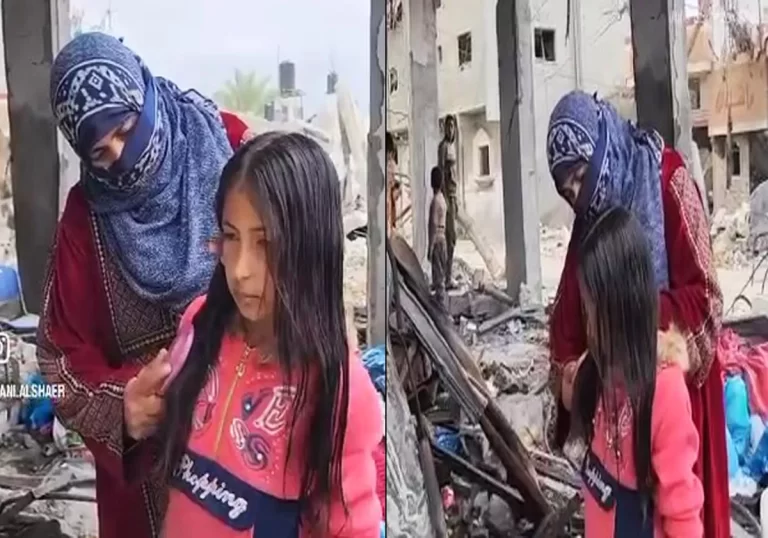 سيدة فلسطينية تصفف شعر طفلتها من فوق ركام منزلها المدمر بغزة (فيديو) سيدة فلسطينية وطفلتها من فوق ركام منزلها في غزة