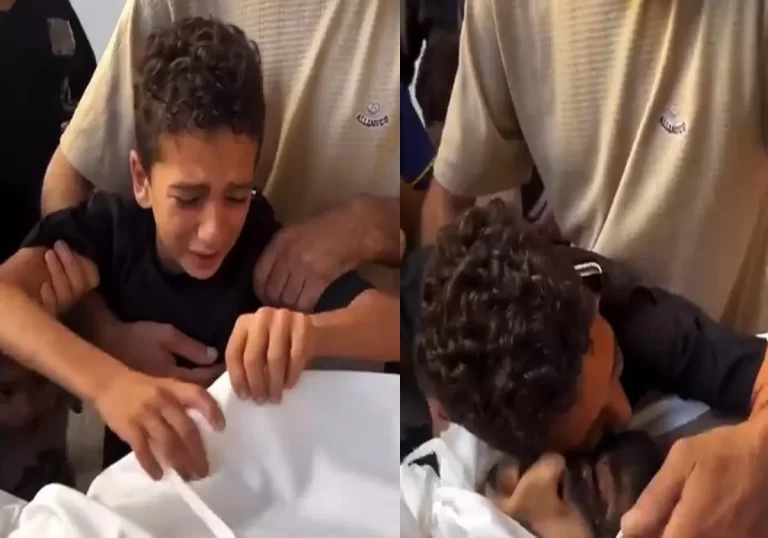 طفل فلسطيني يودع والده بالدموع جراء قصف الاحتلال على غزة