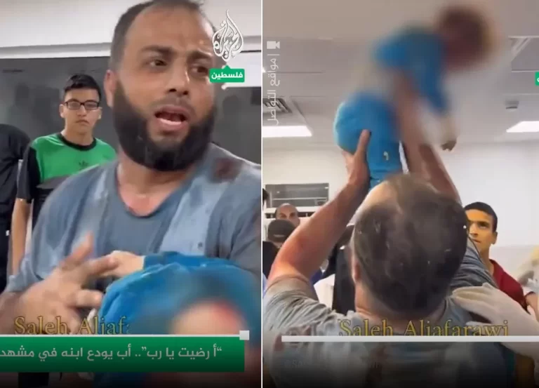 “أرضيت يا رب”.. وداع مؤثر من فلسطيني لابنه الرضيع بعد استشهاده أب فلسطيني يودع طفله في غزة