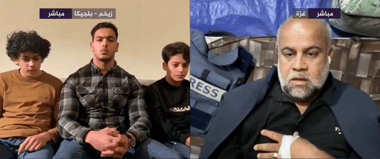 تبادل التعازي بين وائل الدحدوح وأبناء سامر أبو دقة.. كلمات مبكية من مراسل الجزيرة (شاهد) وائل الدحدوح وأبناء سامر أبو دقة في مقابلة مع الجزيرة مباشر