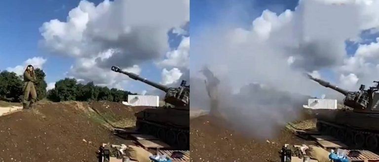 مجندة إسرائيلية كادت تقتل نفسها خلال قصف غزة بالمدفعية! (شاهد) مجندة تقف قرب فوهة مدفعية إسرائيلية لحظة اطلاق قذيفة نحو غزة