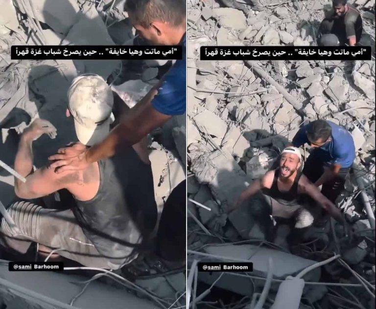 شاب ينهار باكيا بعد استشهاد والدته في غزة