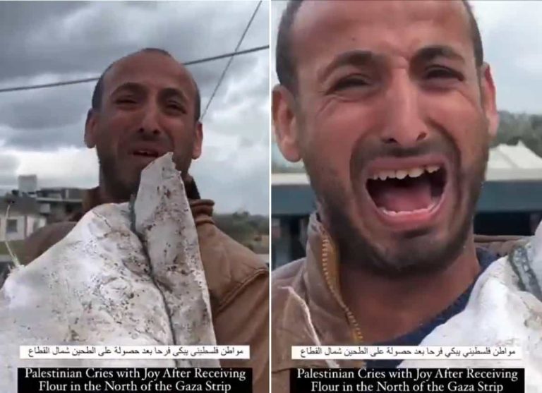 مواطن يبكي فرحا بعد تمكنه من الحصول على كيس طحين من المساعدات