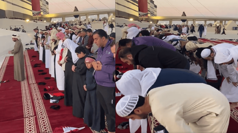 صلاة المغرب.. مشهد لافت بمباراة قطر وأوزبكستان في محيط استاد البيت