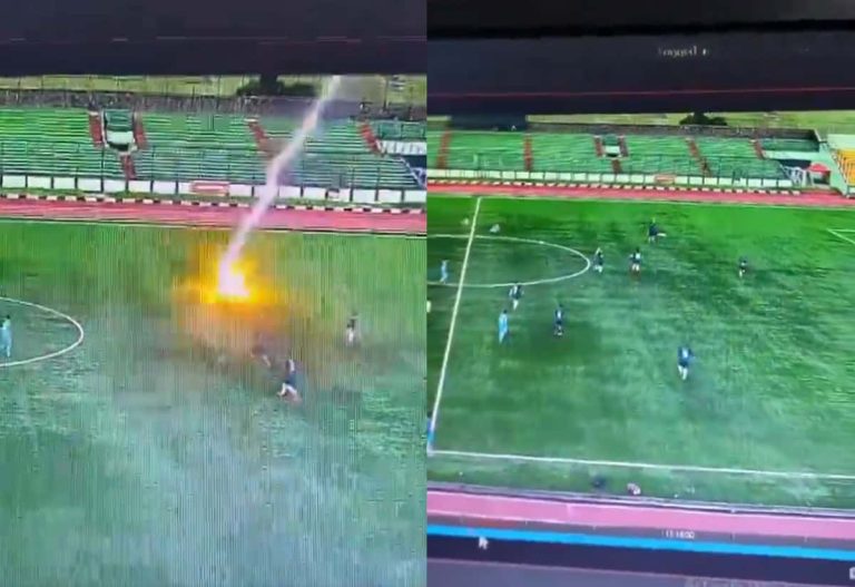 ضربة برق مرعبة تقتل لاعب كرة قدم وسط ذهول اللاعبين! (فيديو) وفاة لاعب بصاعقة برق في اندونيسيا