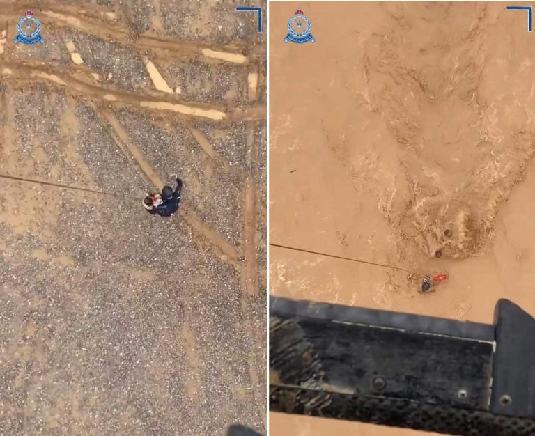مشاهد تحبس الأنفاس.. شرطة عمان السلطانية تبث لقطات لإنقاذ عالقين وسط السيول شرطة عمان السلطانية تنقذ أشخاصا جرفتهم السيول جراء منخفض المطير