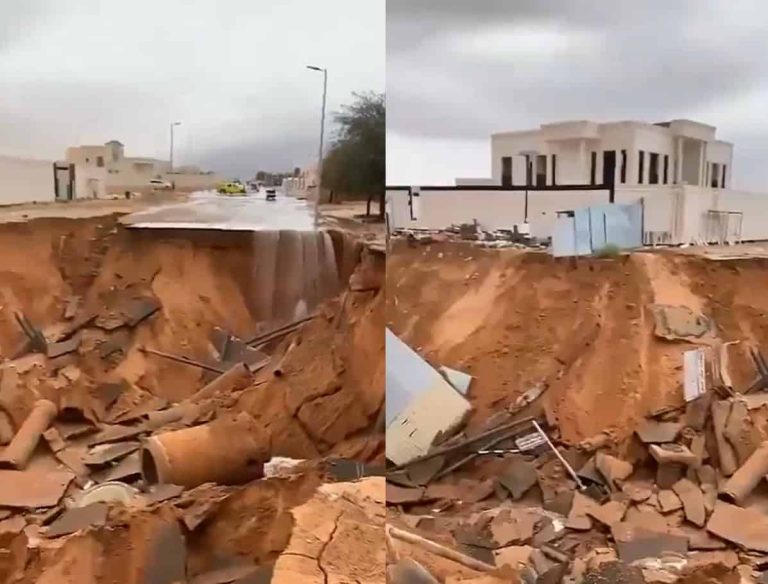 هبوط أرضي في العين الإماراتية نتيجة الأمطار الغزيرة