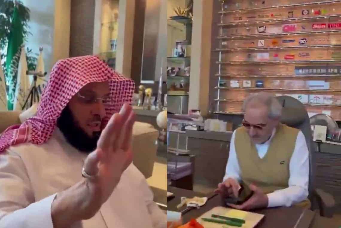 شاهد كيف أهانَ الوليد بن طلال الداعية عائض القرني وهو يمتدحه في مكتبه! عائض القرني و الوليد بن طلال
